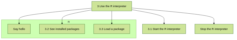 flowchart TD

  use_r_interpreter[3.Use the R interpreter]
  start_r_interpreter[3.1 Start the R interpreter]
  subgraph R
    say_hello[Say hello]
    see_installed_packages[3.2 See installed packages]
    load_package[3.3 Load a package]
  end
  stop_r_interpreter[Stop the R interpreter]

  use_r_interpreter --> start_r_interpreter
  use_r_interpreter --> say_hello
  use_r_interpreter --> see_installed_packages
  use_r_interpreter --> load_package
  use_r_interpreter --> stop_r_interpreter