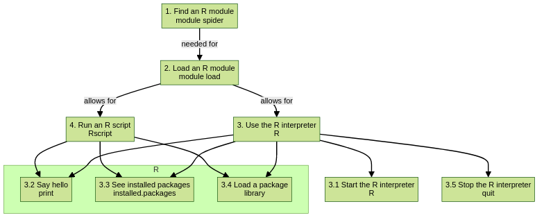 flowchart TD

  find_r_module[1. Find an R module\nmodule spider]
  load_r_module[2. Load an R module\nmodule load]
  use_r_interpreter[3. Use the R interpreter\nR]
  start_r_interpreter[3.1 Start the R interpreter\nR]
  subgraph R
    say_hello[3.2 Say hello\nprint]
    see_installed_packages[3.3 See installed packages\ninstalled.packages]
    load_package[3.4 Load a package\nlibrary]
  end
  stop_r_interpreter[3.5 Stop the R interpreter\nquit]
  run_r_script[4. Run an R script\nRscript]

  find_r_module --> |needed for| load_r_module
  load_r_module --> |allows for| use_r_interpreter
  load_r_module --> |allows for| run_r_script  

  use_r_interpreter --> start_r_interpreter
  use_r_interpreter --> say_hello
  use_r_interpreter --> see_installed_packages
  use_r_interpreter --> load_package
  use_r_interpreter --> stop_r_interpreter

  
  run_r_script --> say_hello
  run_r_script --> see_installed_packages
  run_r_script --> load_package