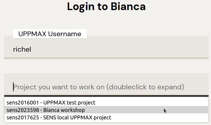 An example of the Bianca projects for this user