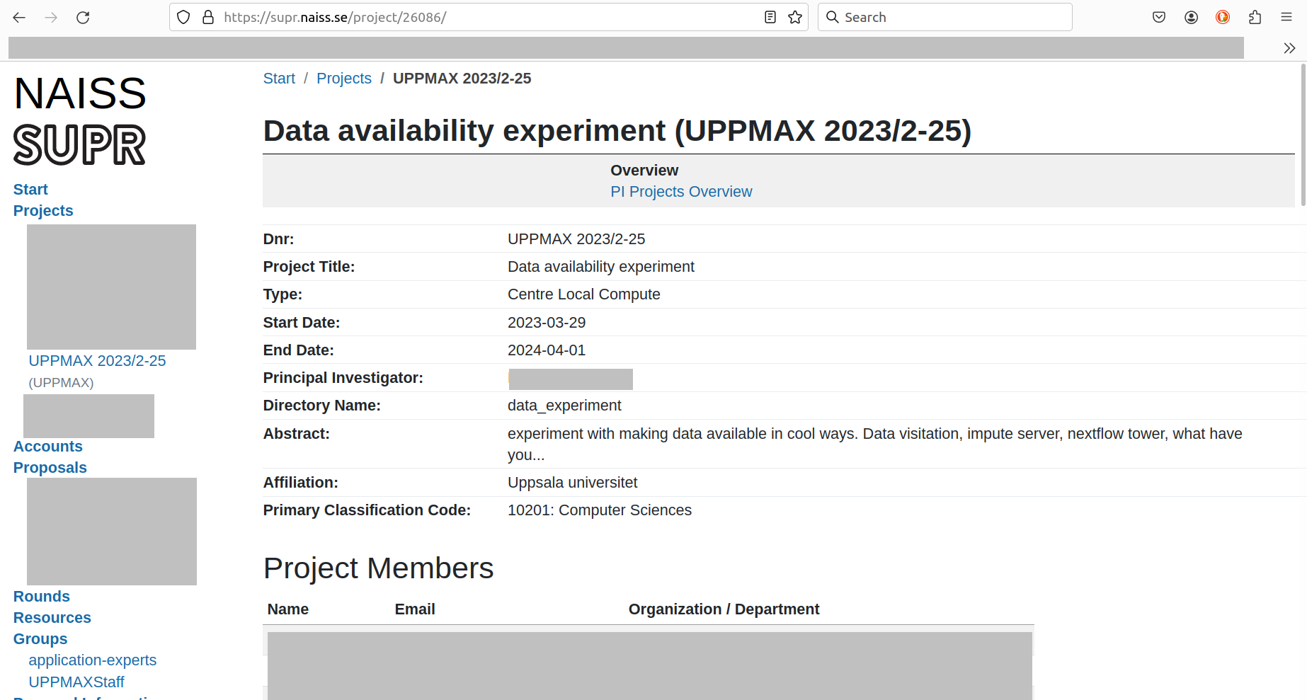 Example of the Snowy project called 'UPPMAX 2023/2-25'