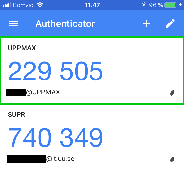 Screenshot of a two-factor authentication app