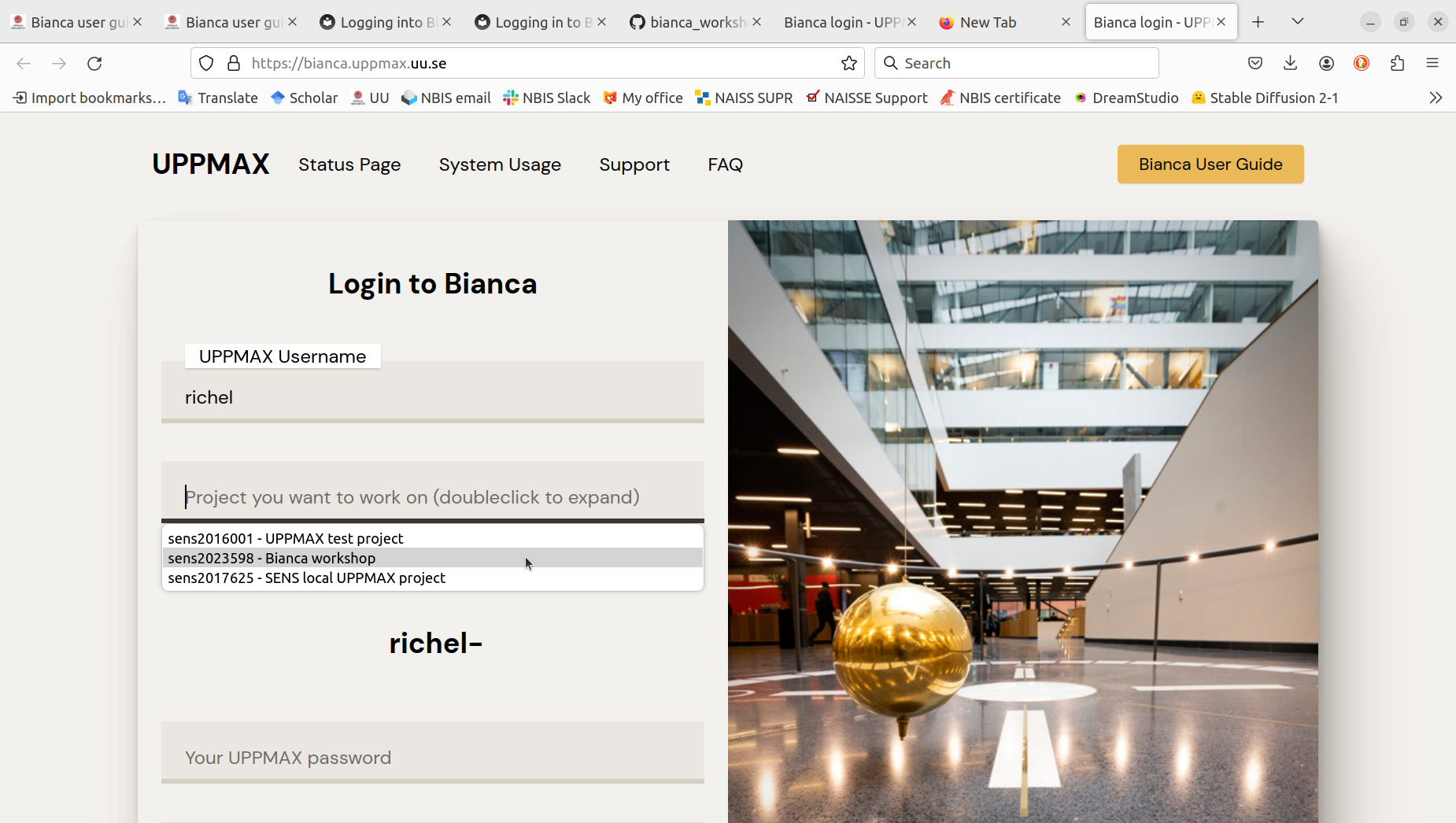 The Bianca remote desktop login screen