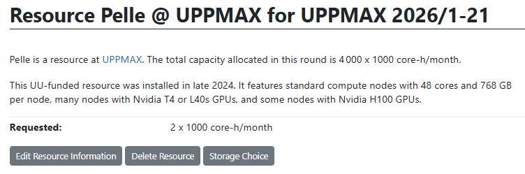In the 'Add resource Pelle' menu, set the number of core hours and click 'Add resource'