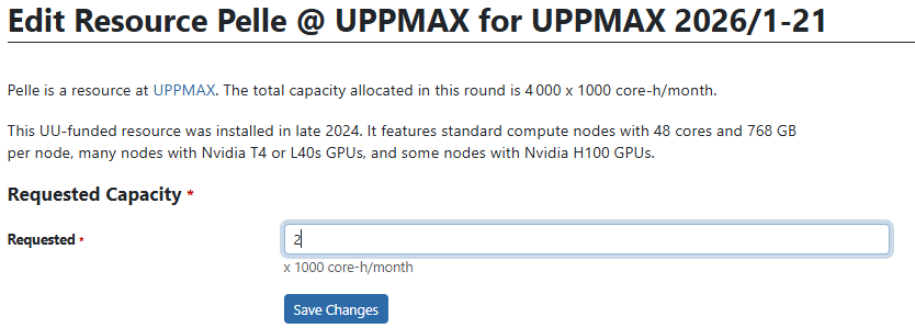 In the 'Add resource Pelle' menu, set the number of core hours and click 'Add resource'