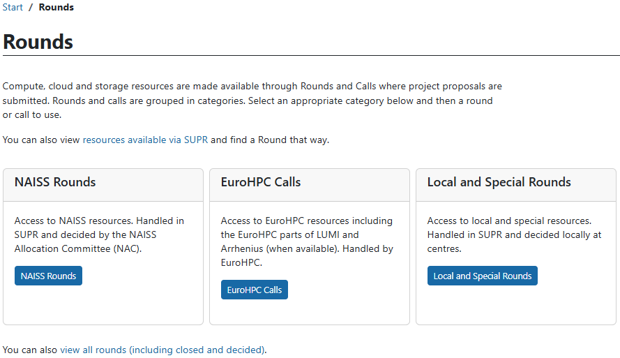 In the 'Rounds' menu, click on 'NAISS rounds'