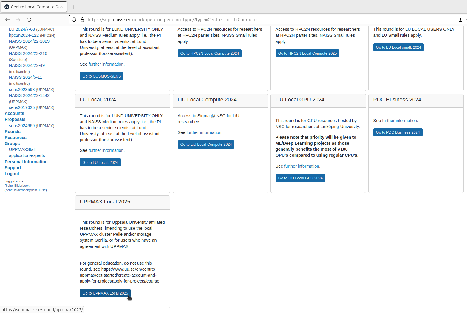 In the 'Centre Local Compute Rounds' menu, click on 'Go to UPPMAX Local'