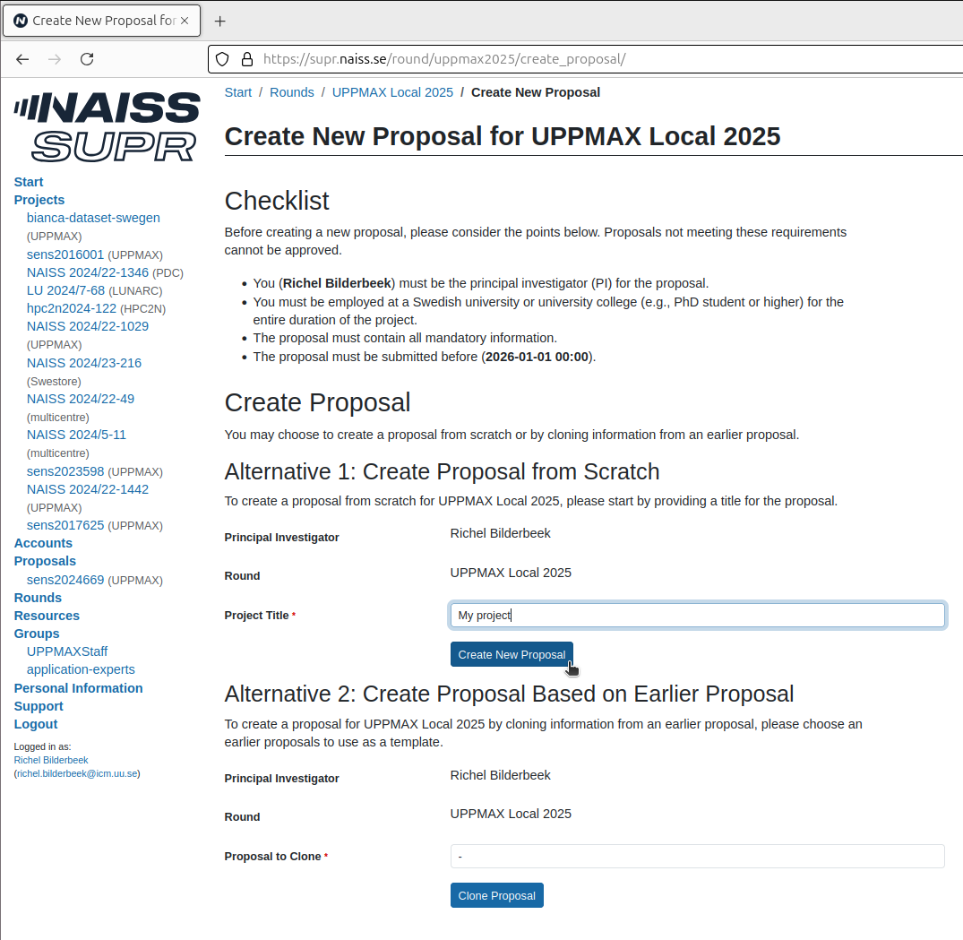In the 'Create new proposal for UPPMAX local' menu, fill in a title and click on 'Create new proposal'