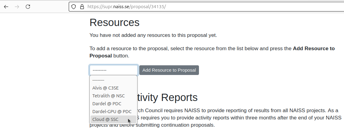 In the 'Resources' dropbox, Select 'Cloud @ SCC'