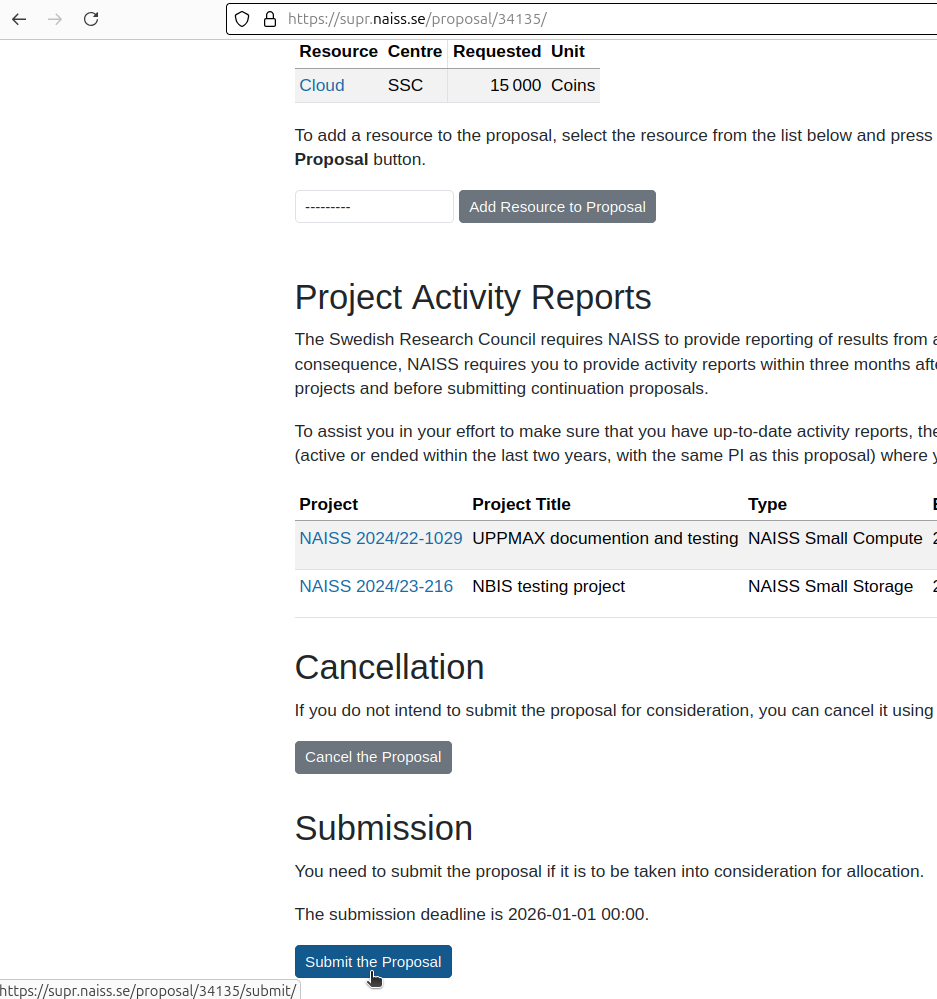 In this NAISS project proposal page, scroll down and click on 'Submit proposal'