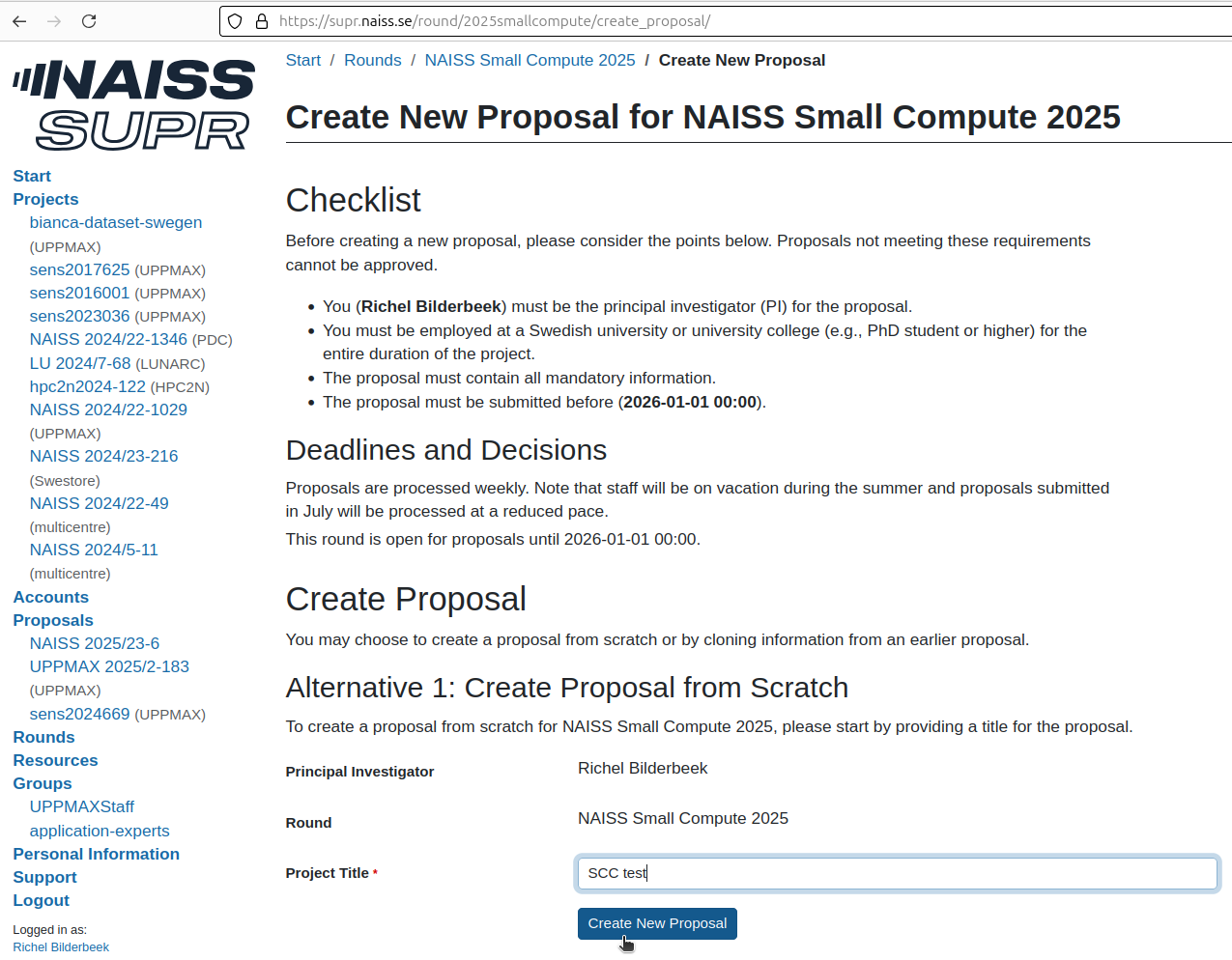 In the 'Create new proposal' menu, add a project title and click on 'Create new proposal'