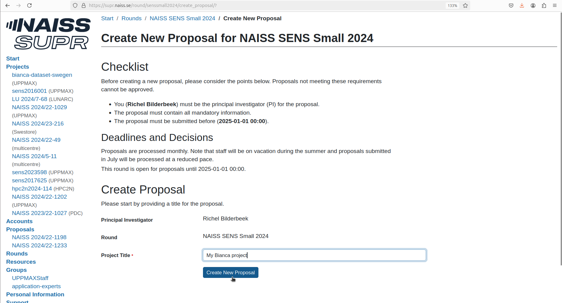 In the 'Create New Proposal for NAISS SENS Small 2024', add a project title and click 'Create new proposal'