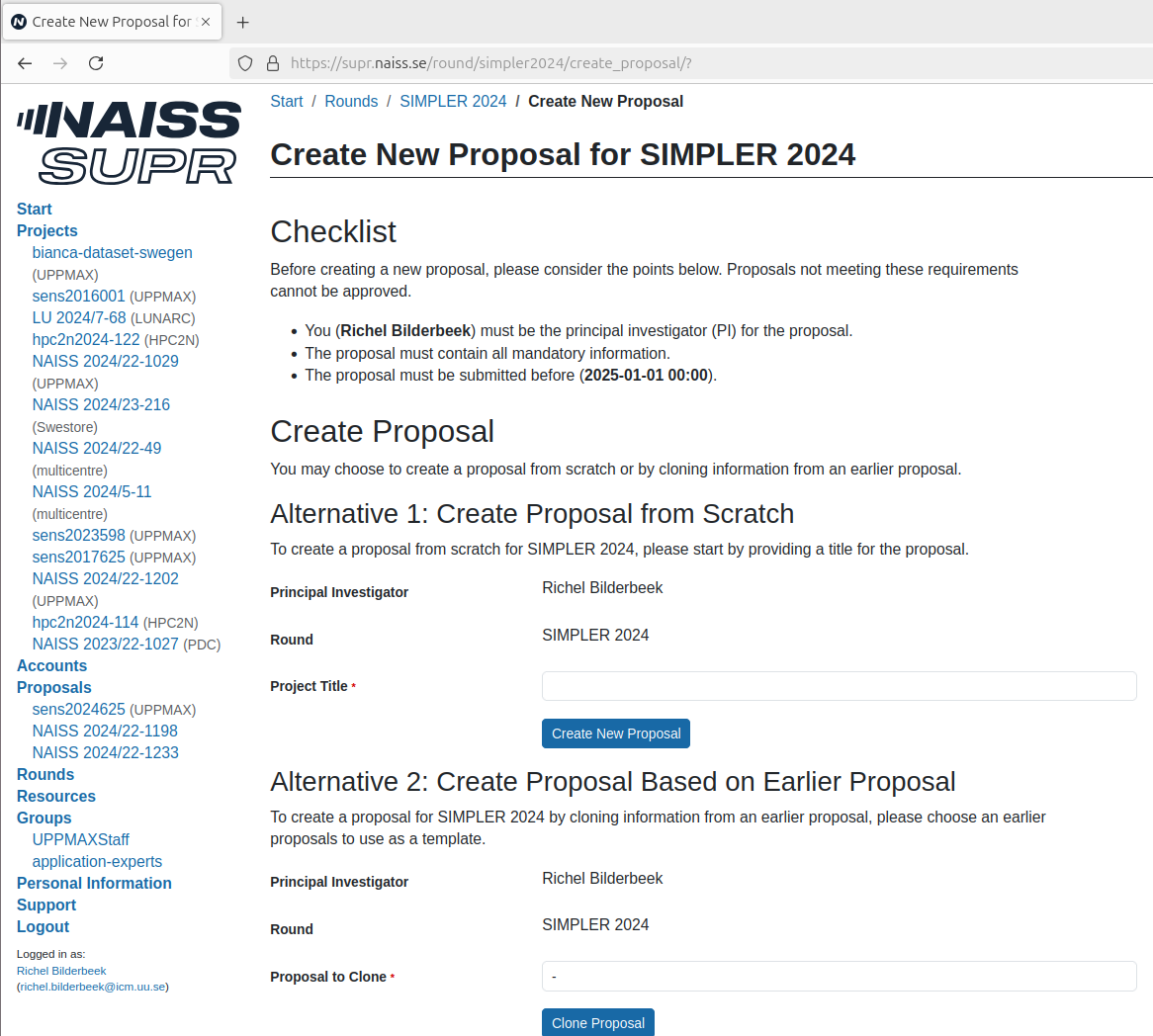 In the 'Create New Proposal for SIMPLER 2024', add a project title and click 'Create new proposal'