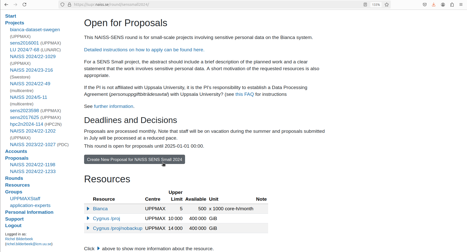 In the 'Open for Proposals' screen, click 'Create New Proposal for NAISS SENS Small' for the current year