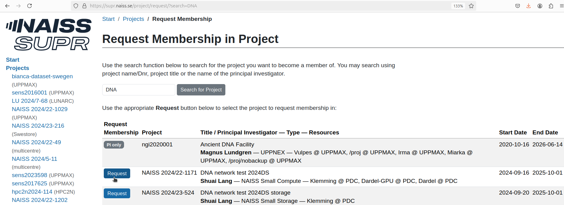 At the 'Request Membership in Project', click on 'Request' for the project you want to request membership of.