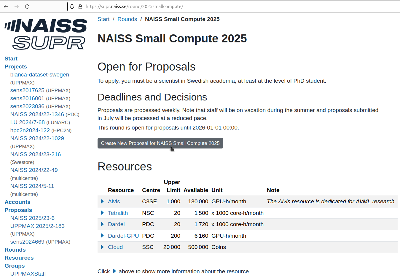 In the 'Small Compute Rounds' menu, click on 'Create new proposal for NAISS Small Compute'