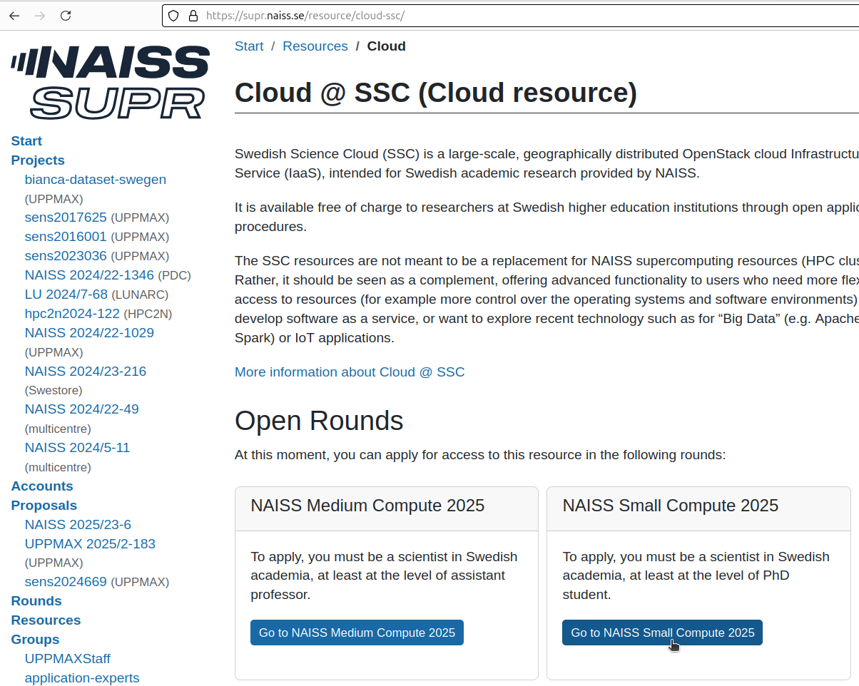 In the 'Cloud resource' menu, click on 'Go to NAISS Small Compute 2025'