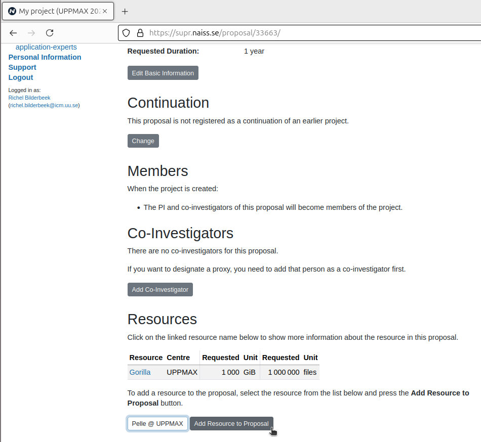 In your UPPMAX local compute project, click 'Add resource to proposal'