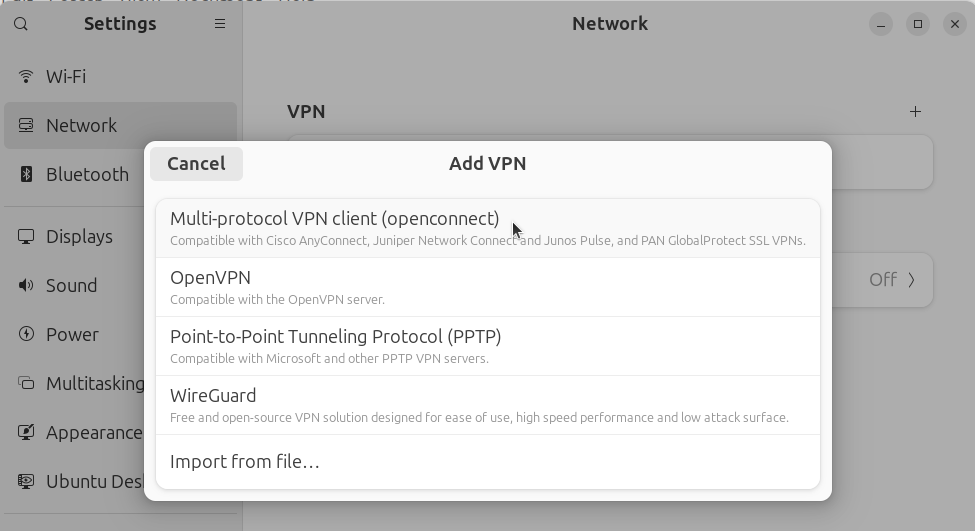 In the 'Add VPN' dialog, click on 'Multi-protocol VPN client'