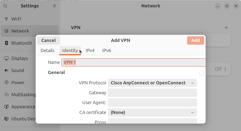 In the 'Add VPN' dialog, click on the 'Identity' tab