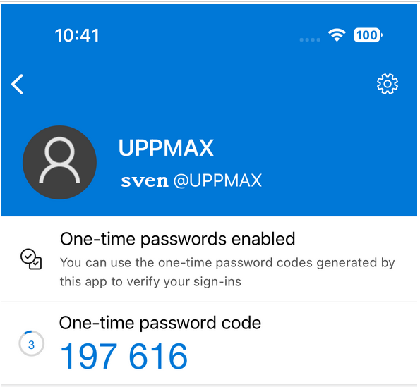 UPPMAX 2FA set up for a fictional UPPMAX user called sven