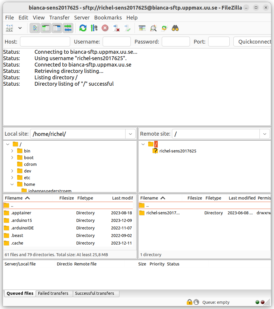 FileZilla is ready to transfer files