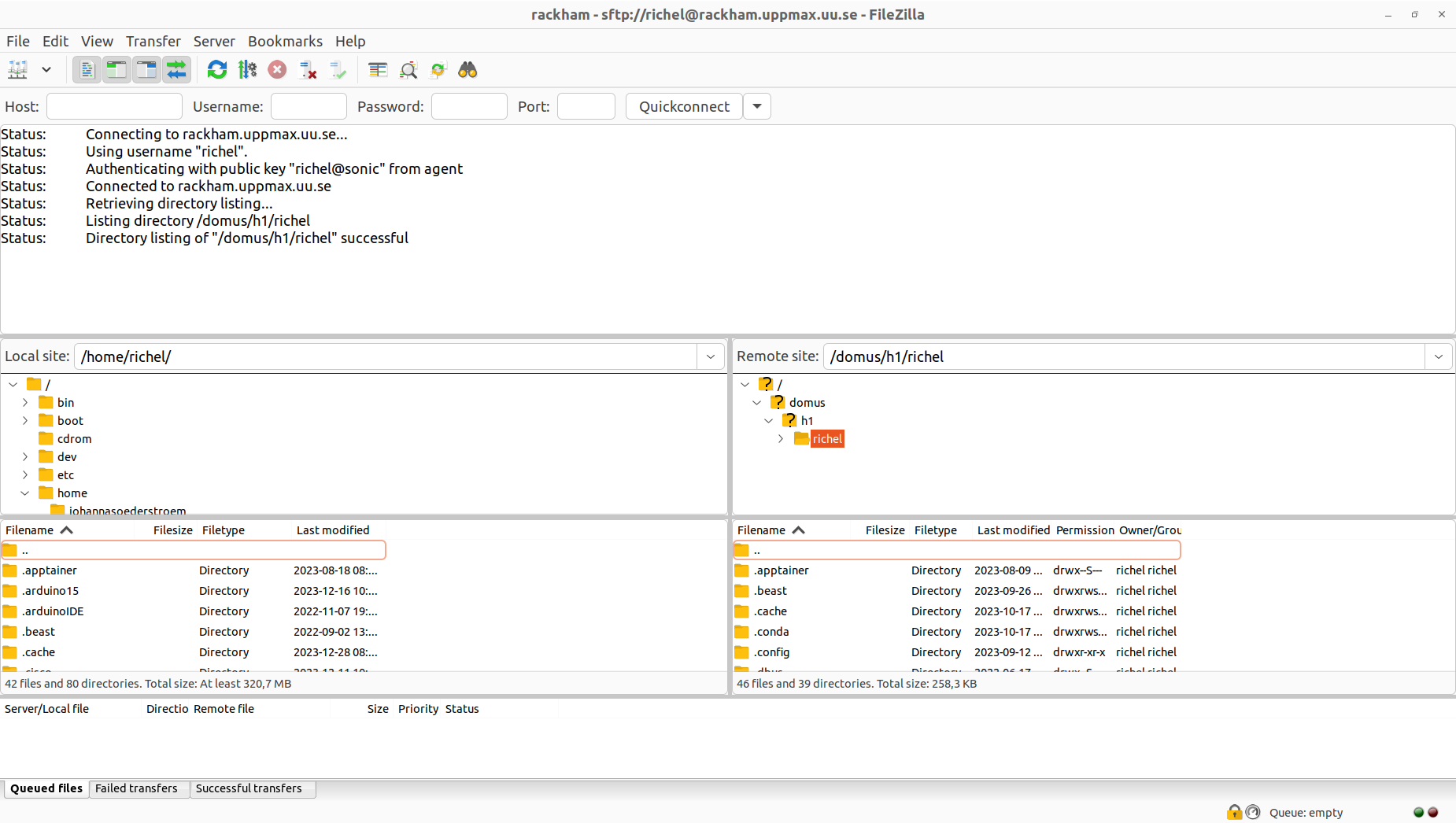 FileZilla is connected to Rackham