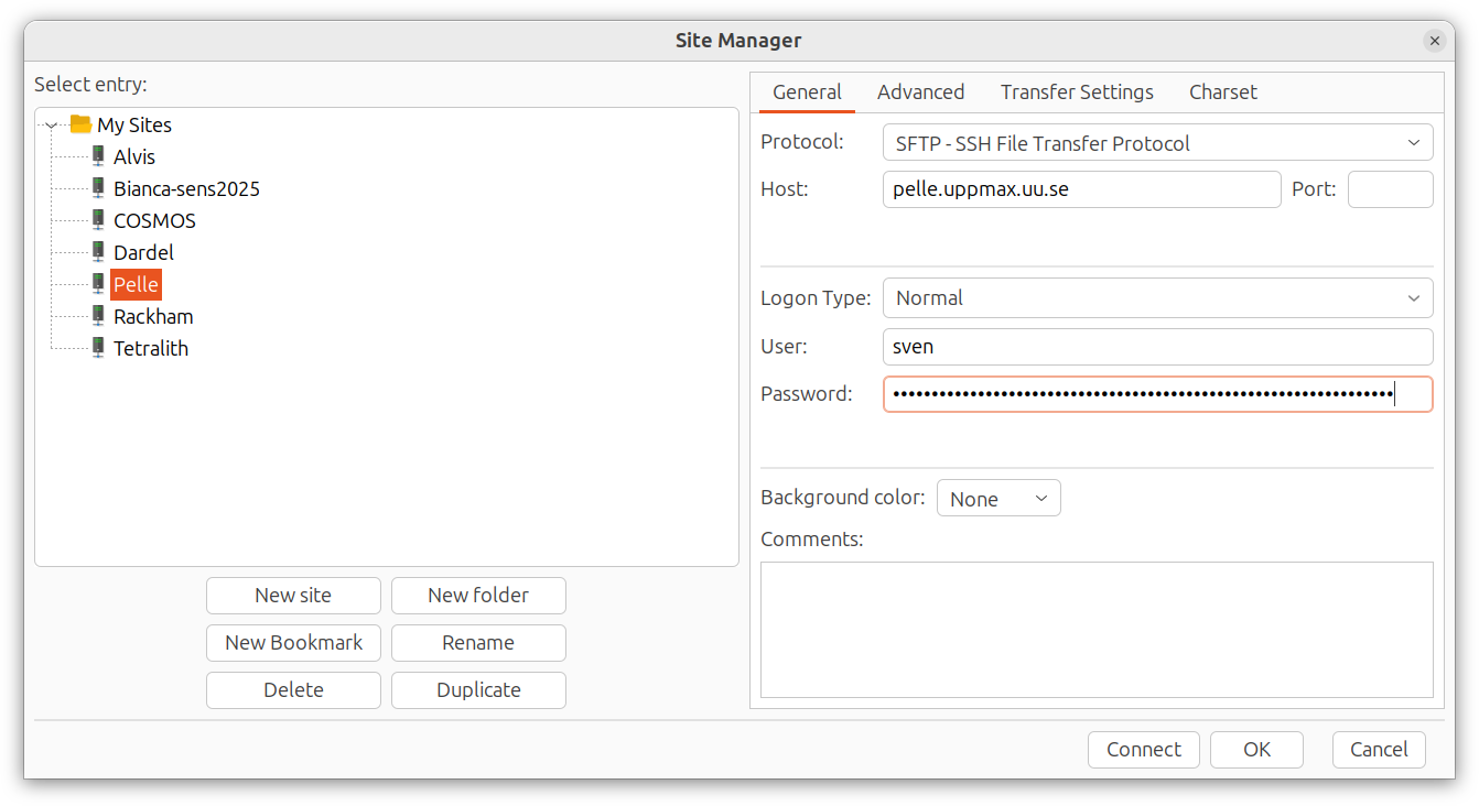 FileZilla configured for Pelle
