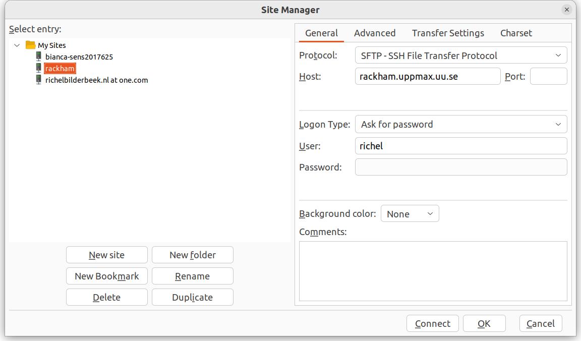 FileZilla configured for Rackham