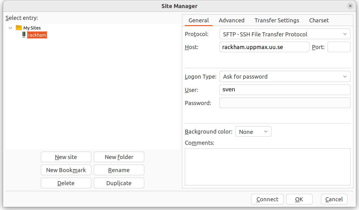 FileZilla configured for Rackham