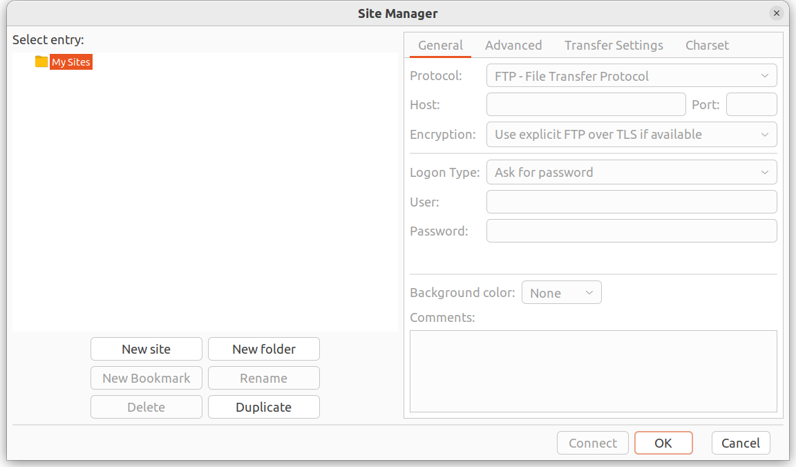 The FileZilla Site Manager