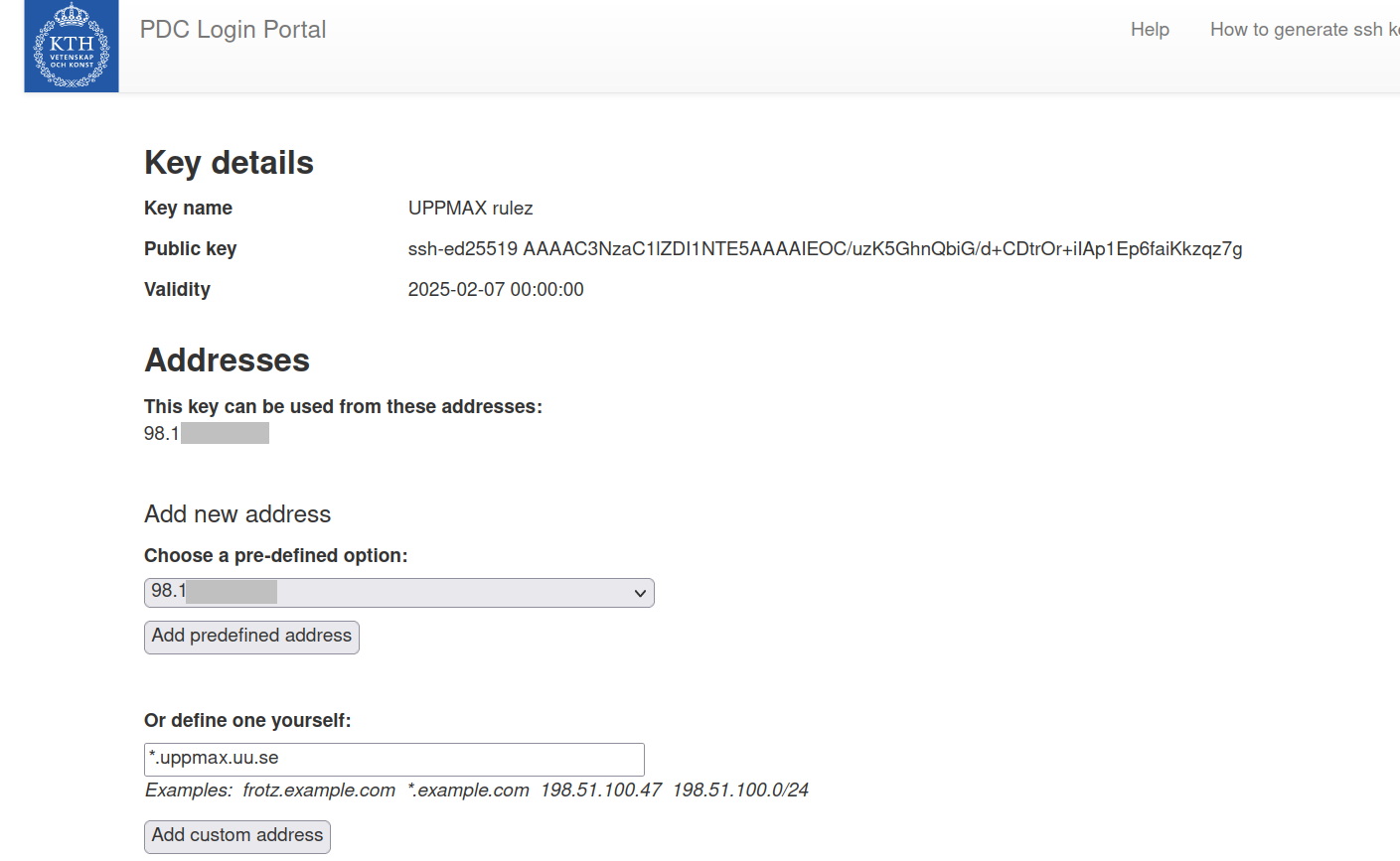 Example of the second step of adding an SSH key pair to the PDC portal