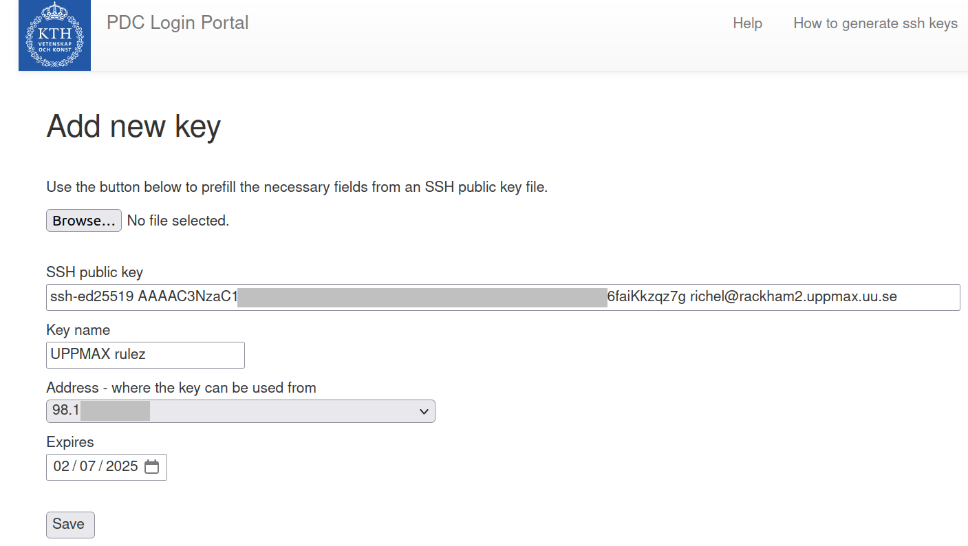 Example of the first step of adding an SSH key pair to the PDC portal