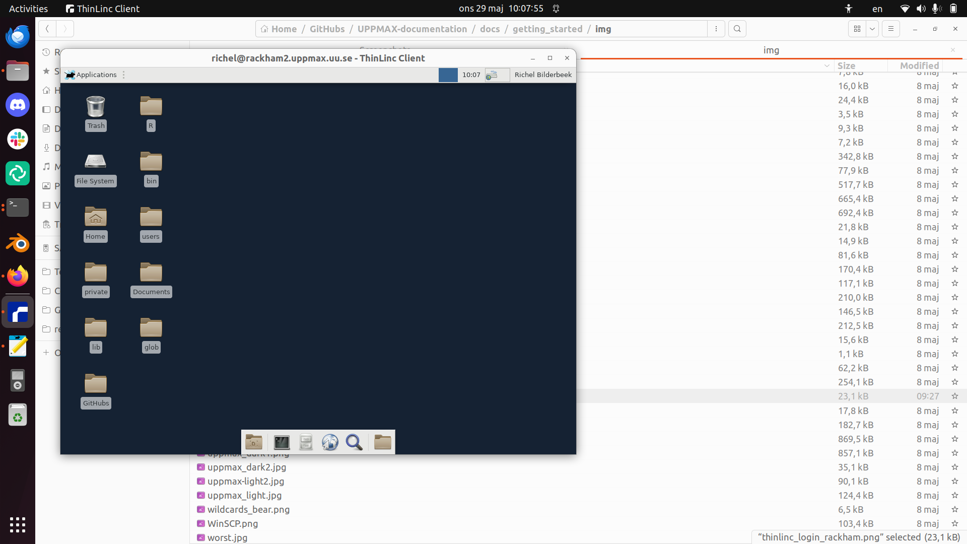 The Rackham remote desktop environment via a local ThinLinc client