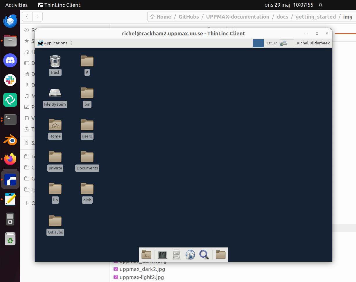 The Rackham remote desktop via the a local ThinLinc client