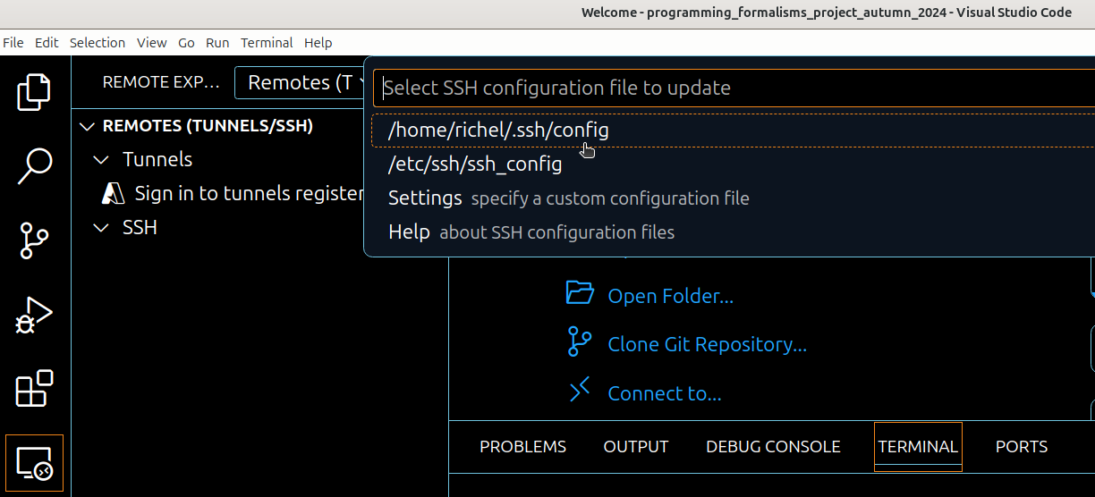 Type a location for an SSH config file