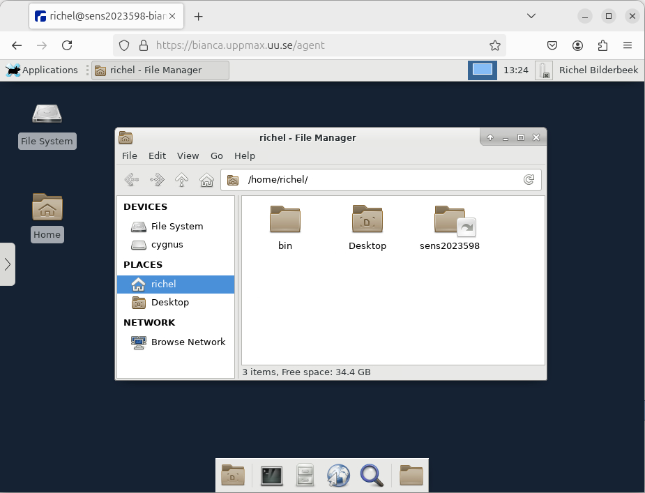 The Bianca remote desktop environment with the file explorer open