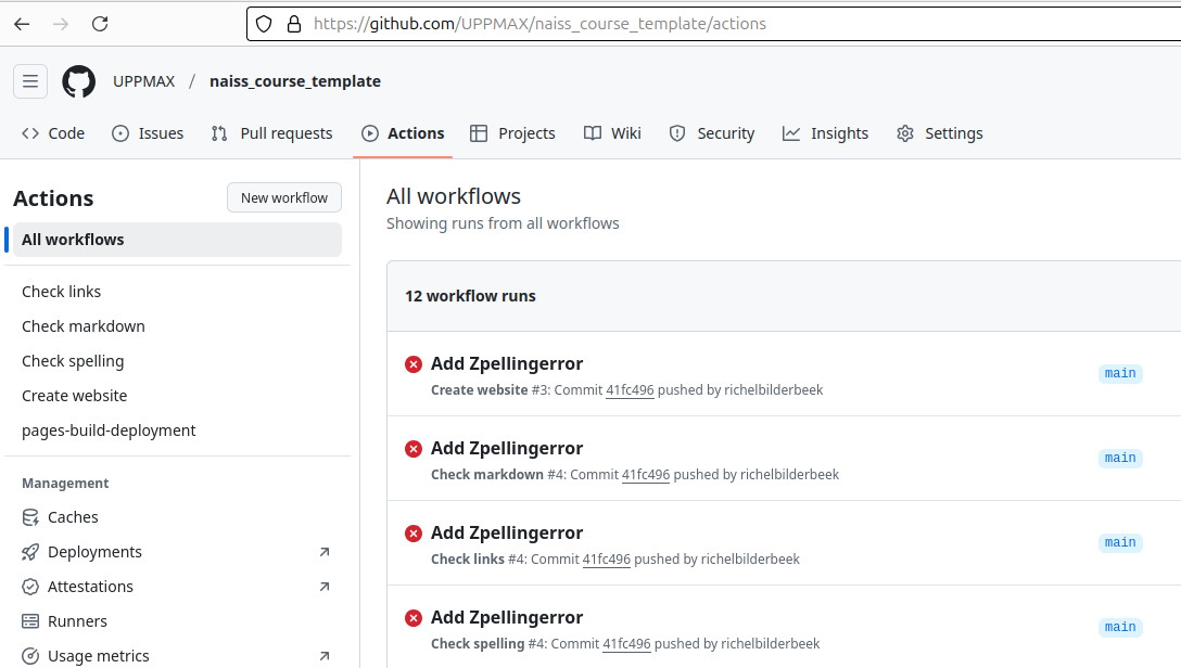 the results of the tests run by GitHub Actions