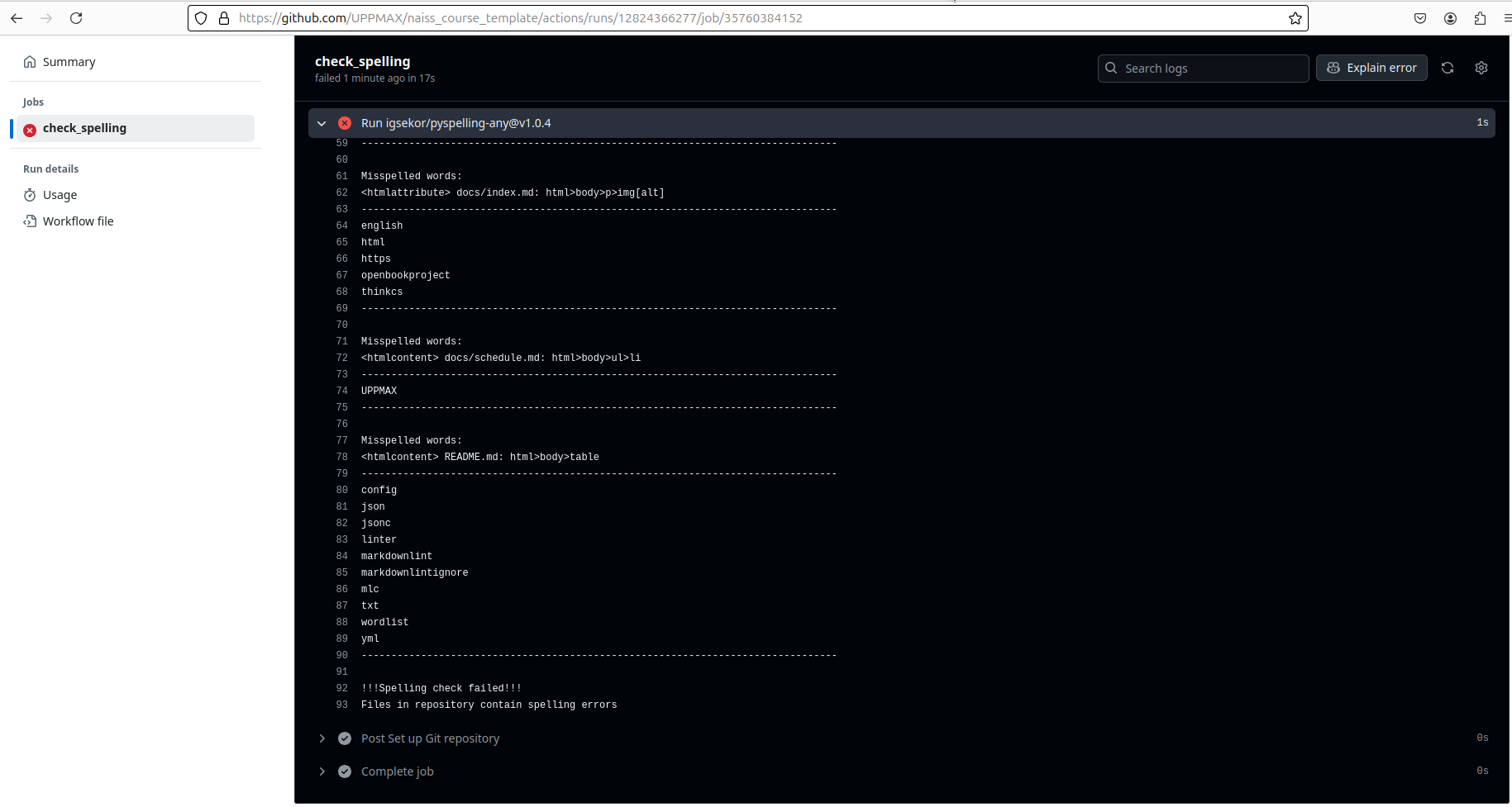 The bottom of the log of the check_actions script