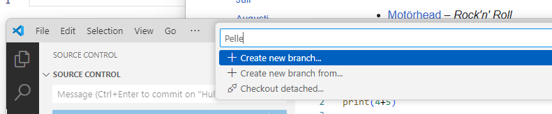 create branch in VS Code