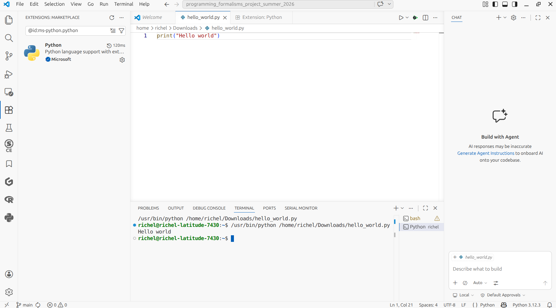 The 'Hello world' program worked