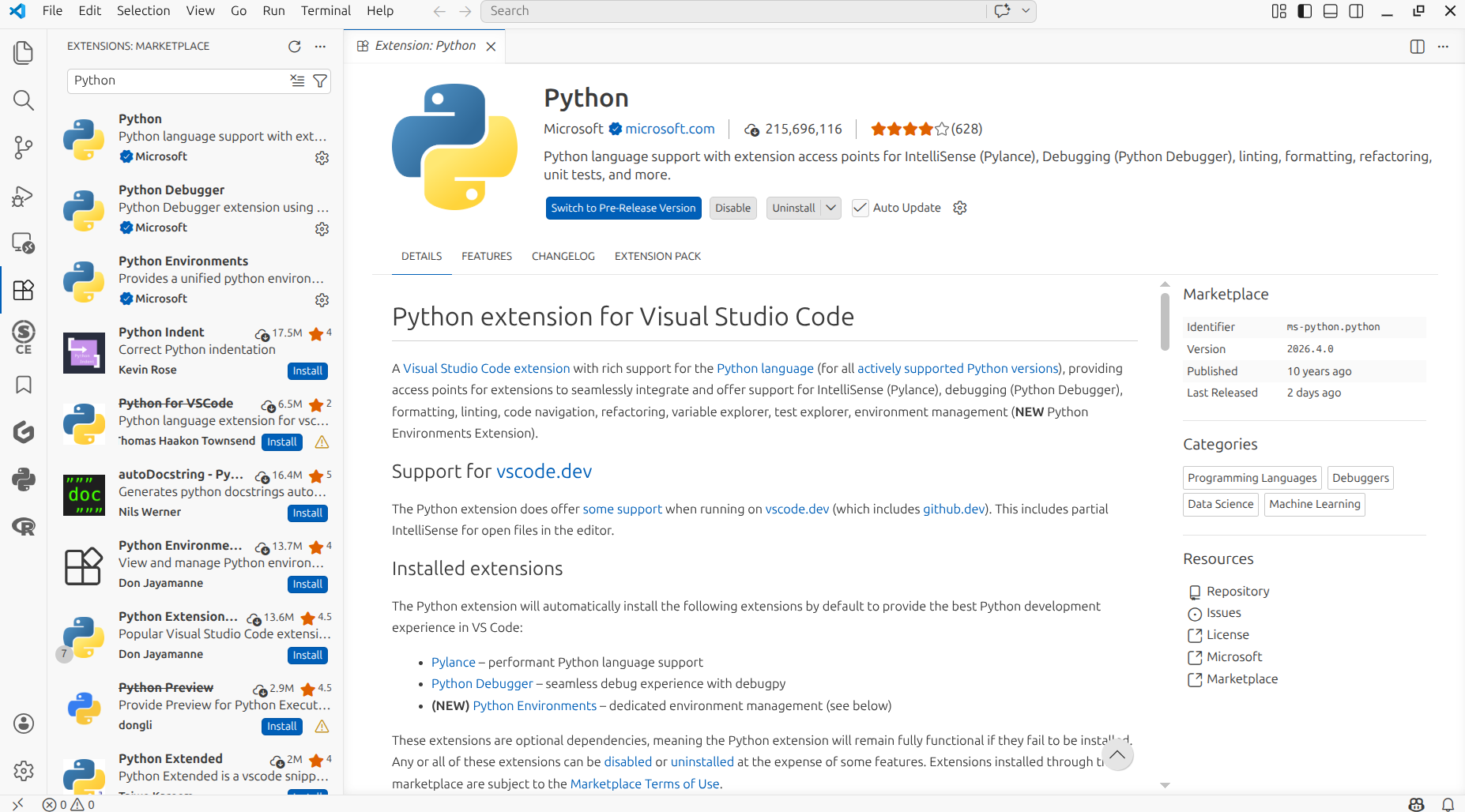 The VS Code Python extention is installed