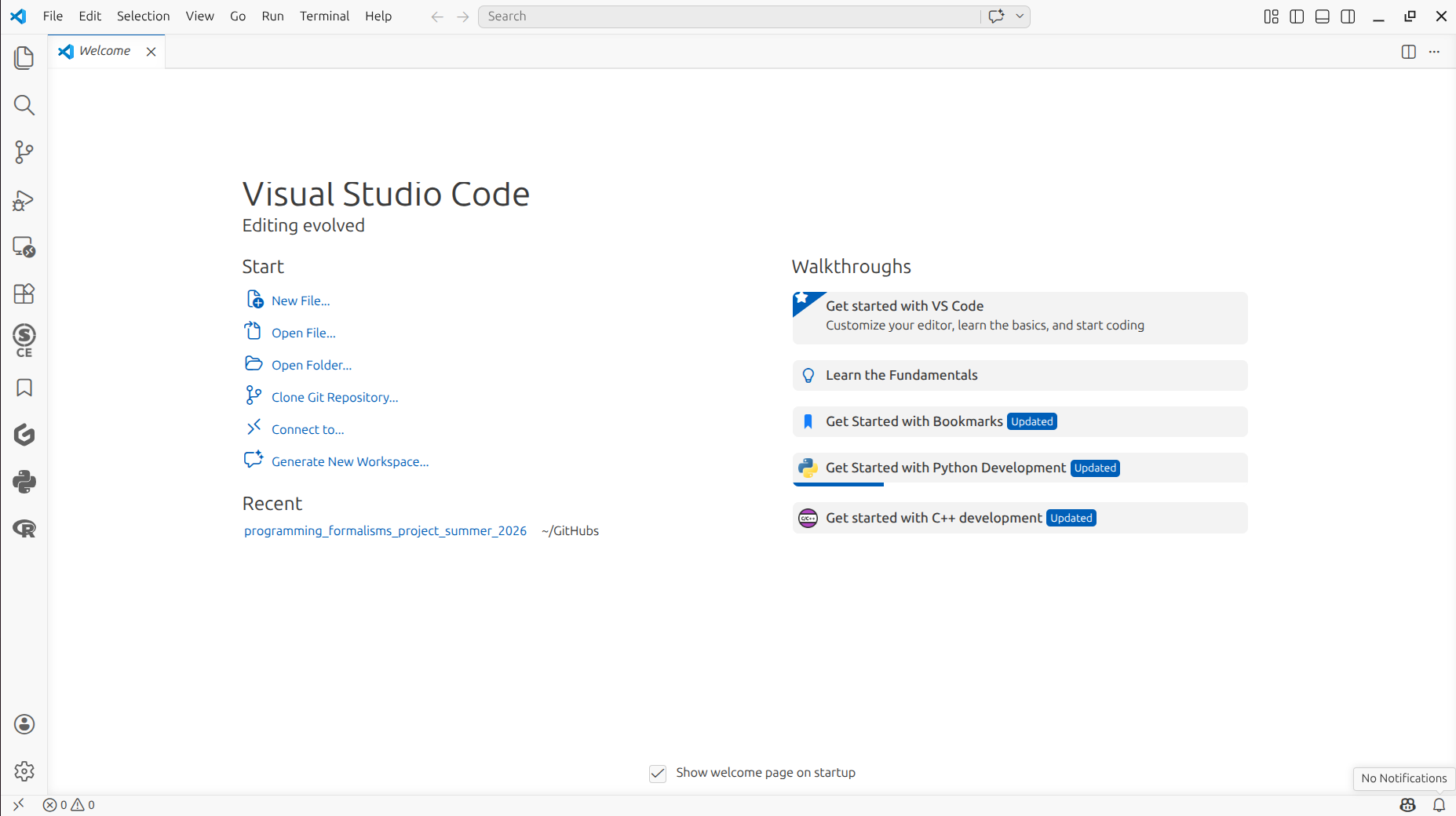VS Code startup screen