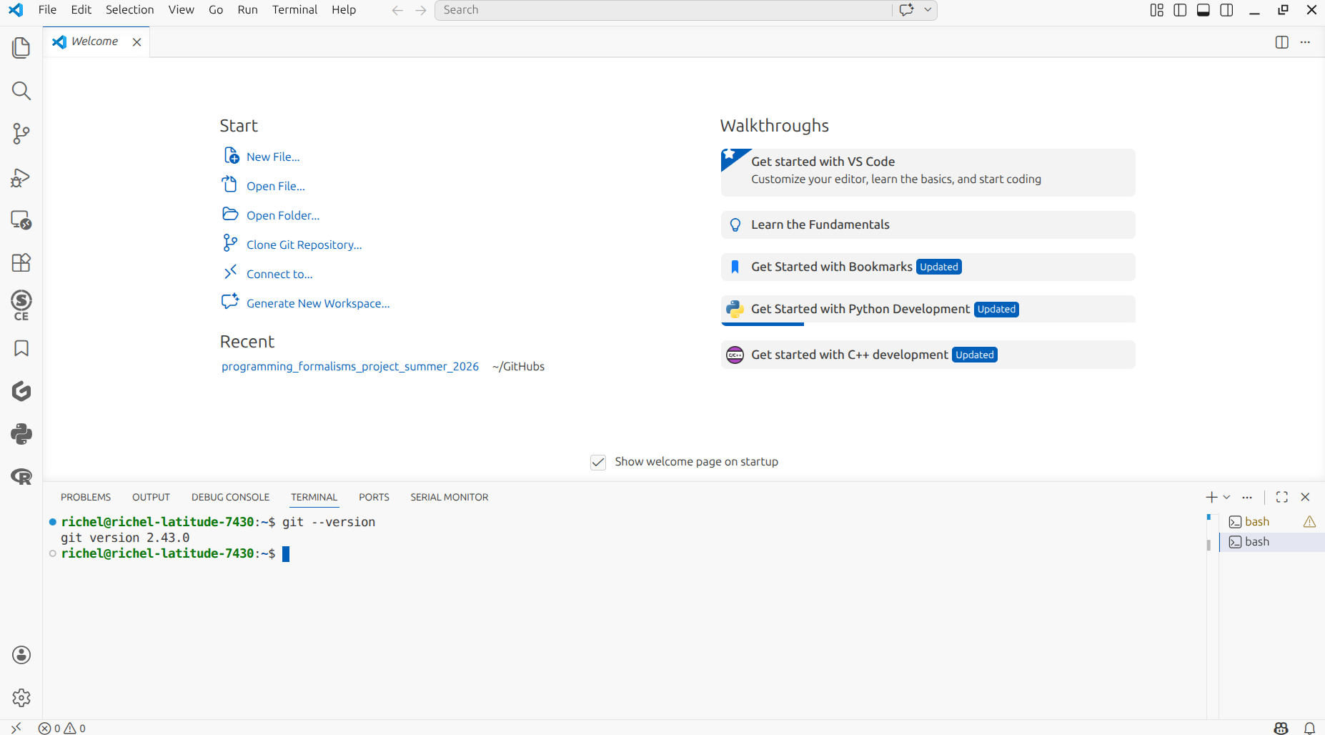 VS Code shows the Git version