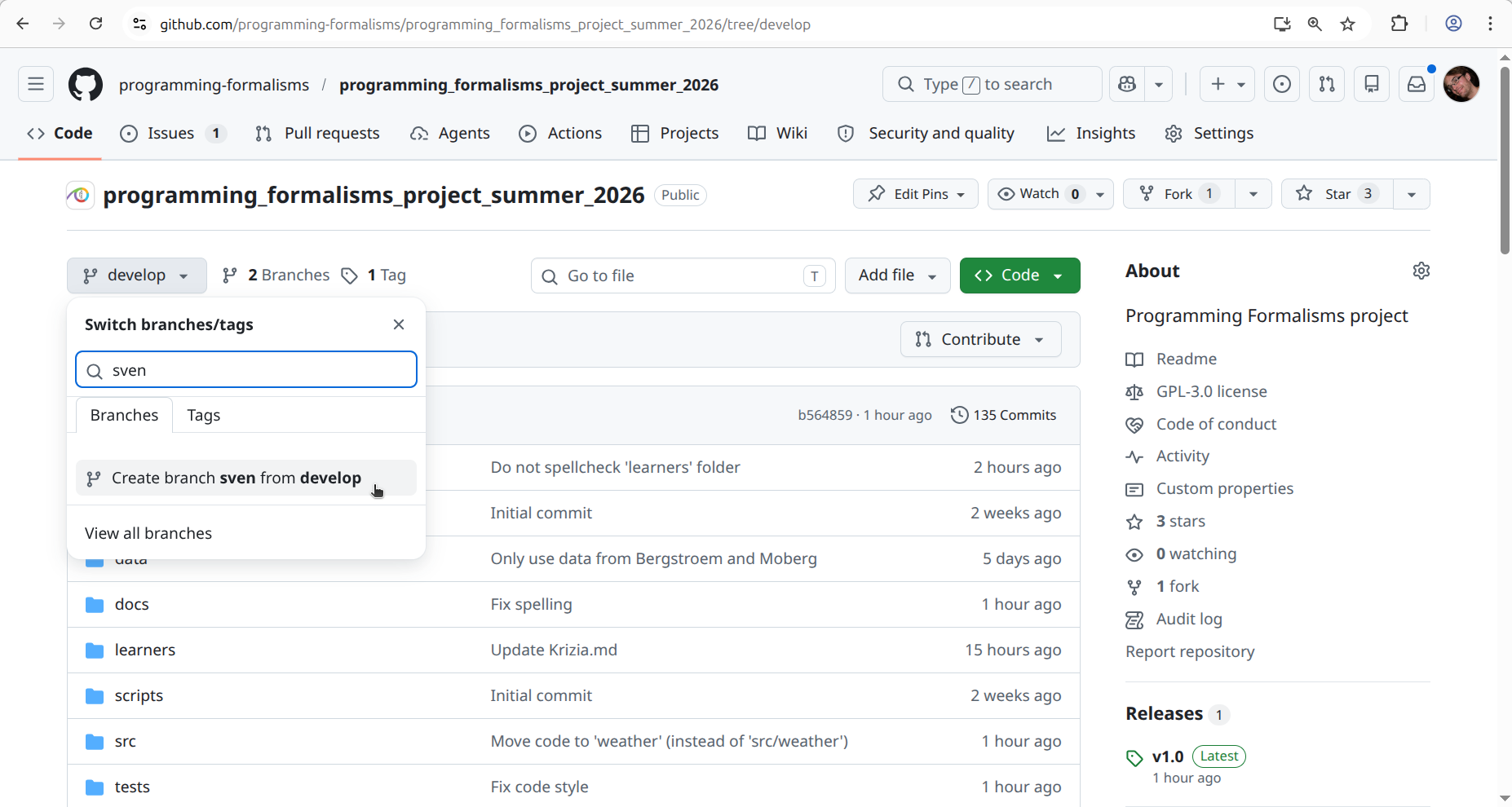 Click 'Create [your branch name] from develop