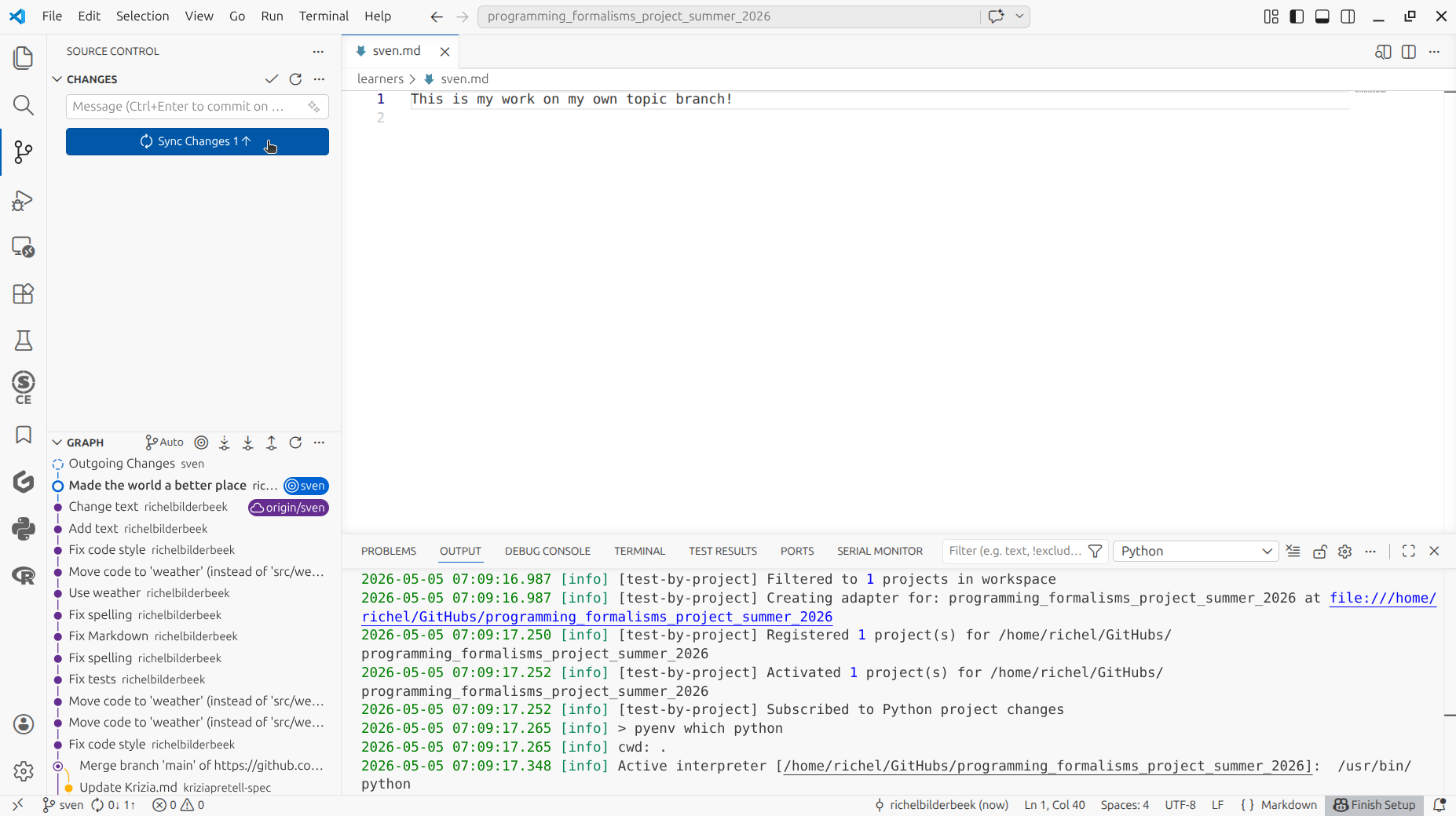 VS Code before sync, click sync