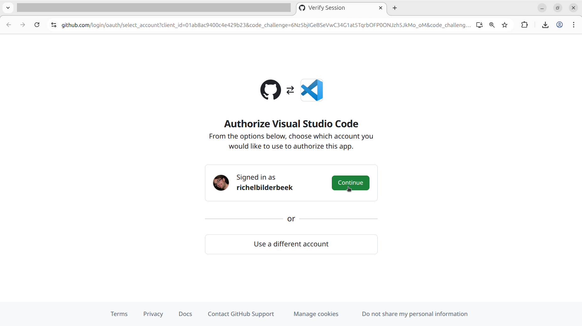 Authorize VS Code to access GitHub by clicking 'Continue'