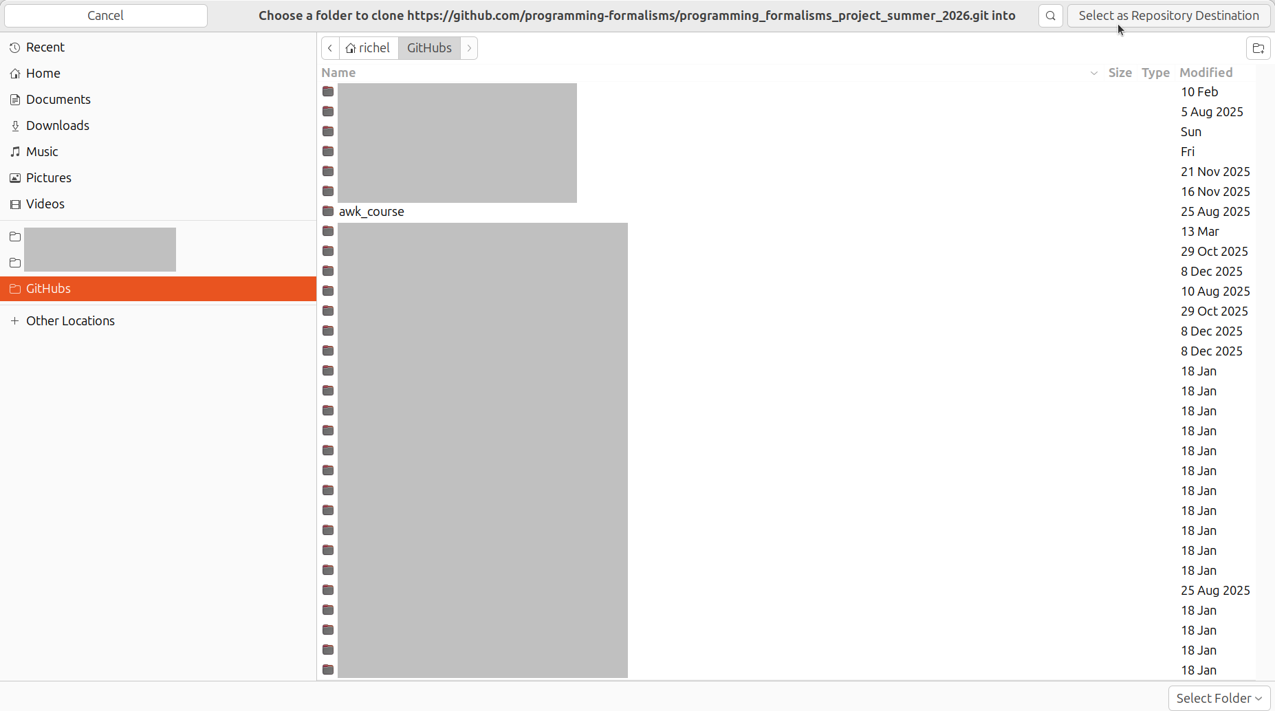 Select your favorite folder to clone the repository in
