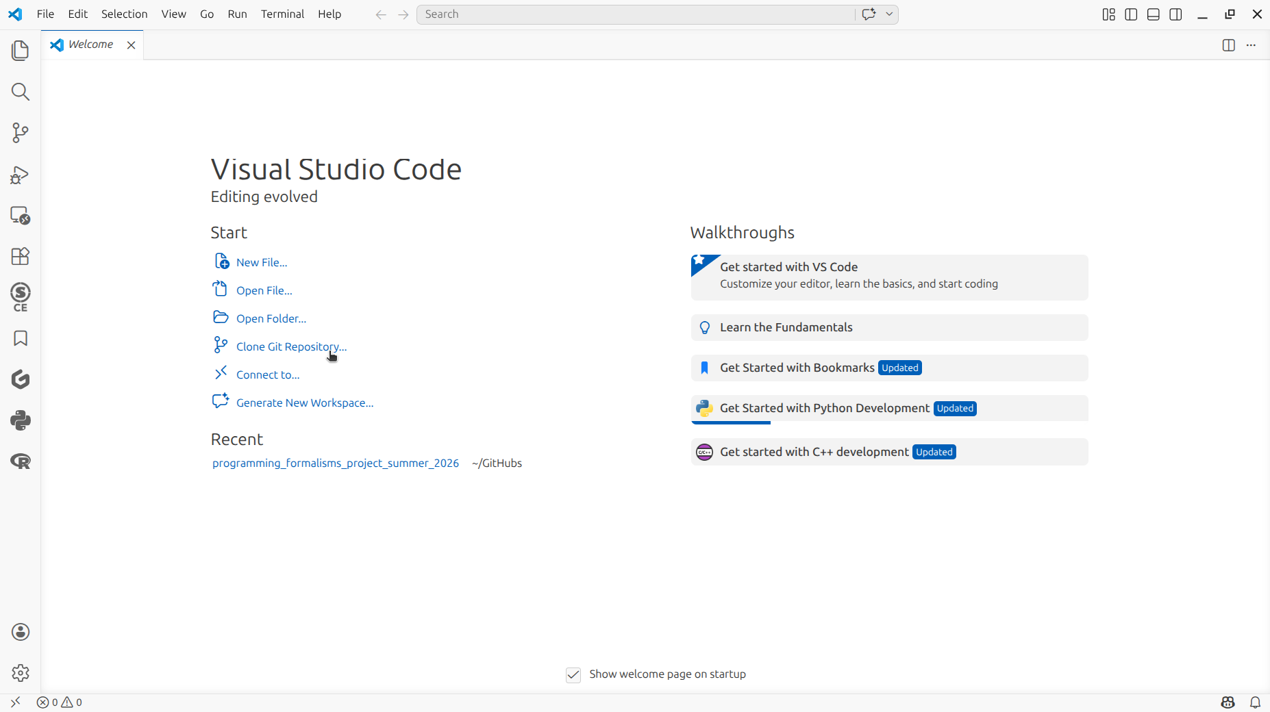 At the VS Code welcome screen, click on 'Clone Git repository'