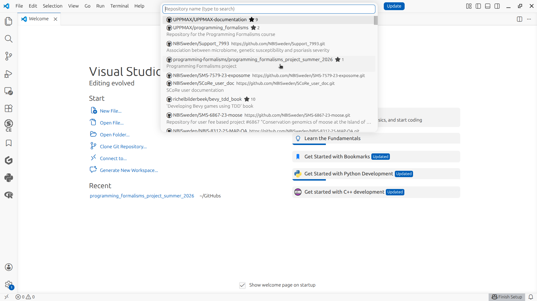 In the 'Command Palette', click on the GitHub repository with the learners project