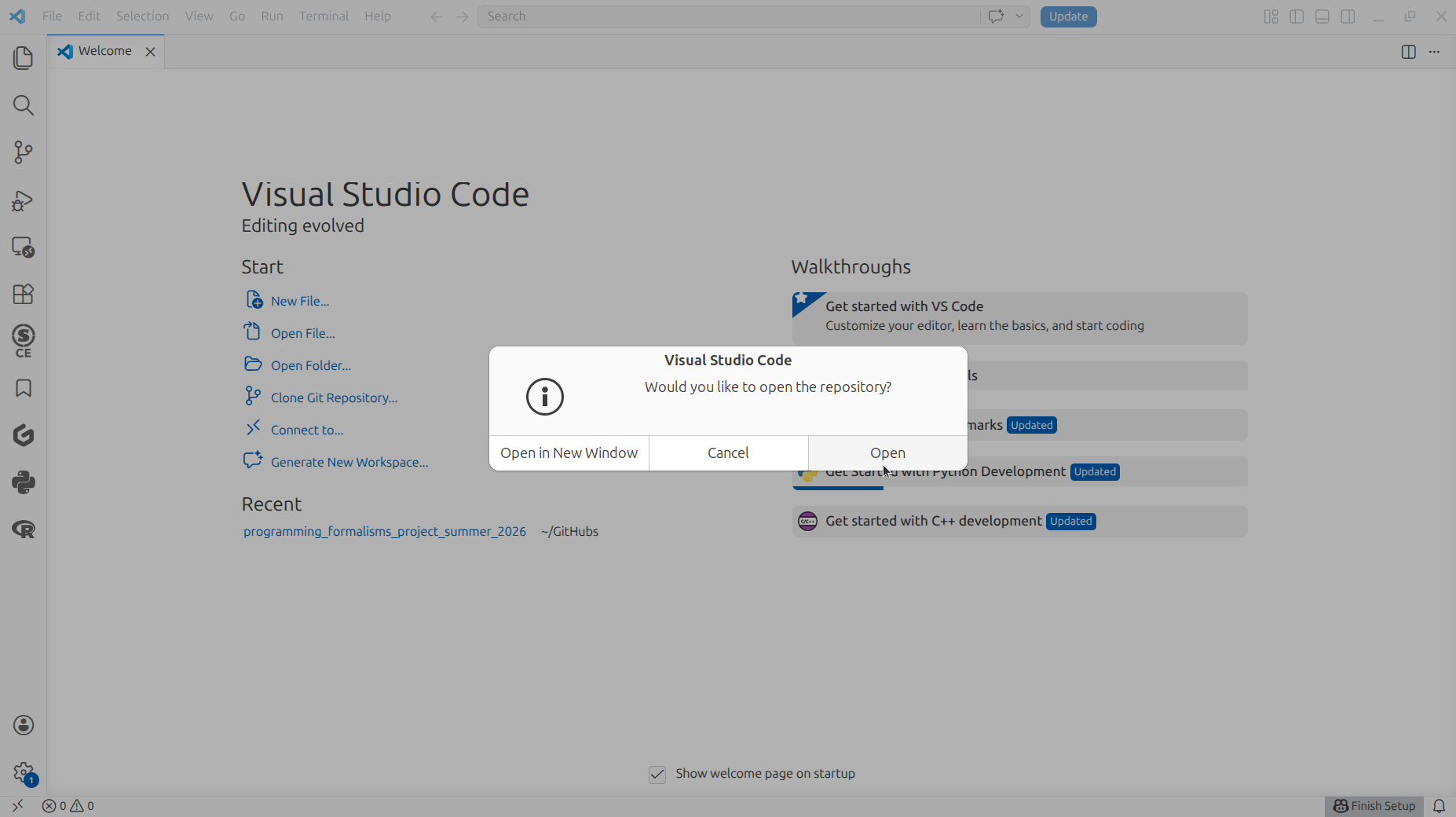 When VS Code asks what to do with this repository, click 'Open'
